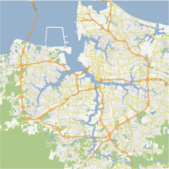 Map of Norfolk Metro in Virginia in a normal road map style. Contains layered vector with roads water, parks, etc.