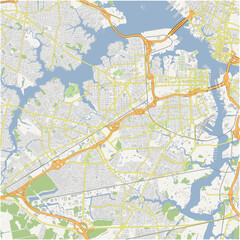 Map of Portsmouth in Virginia in a normal road map style. Contains layered vector with roads water, parks, etc.