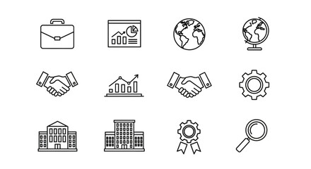 Business icons: briefcase, graphs, handshake, globe, building, award, magnifying glass.