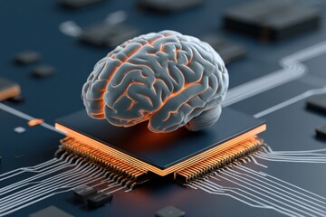 3D rende of human brain model on computer chip with digital circuit lines illustrating artificial ligence and technology concepts for innovation and data processing