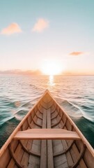 Seascape Journey: Wooden Boat Voyage into the Horizon during Sunrise Serenity
