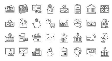 Collection of line art icons depicting finance, banking, and investment concepts.