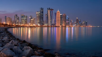 Fototapeta premium Modern City Skyline at Twilight with Water Reflections