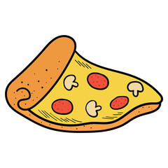 Hand drawn cartoon slice of pizza on white background.
