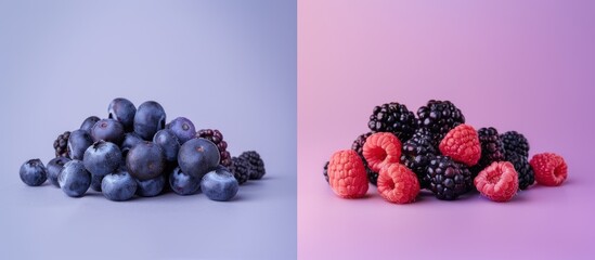 Pile of blueberries on left and blackberries with raspberries on right against blue and purple backgrounds.