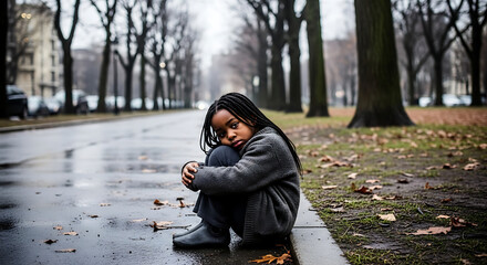 A young child sits alone on a wet curb, hugging their knees in a somber, outdoor setting.