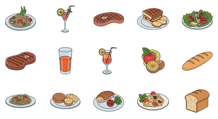 A colorful collection of various food and drink icons, including steaks, salads, bread, and cocktails.