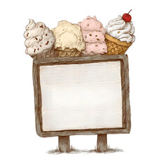Blank wooden sign adorned with assorted ice cream cones topped with cherry, showcasing a delightful summer treat advertisement concept
