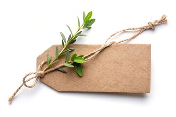 A rustic brown paper gift tag tied with natural twine and adorned with a fresh green sprig of leaves, isolated on a clean white background