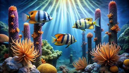 Fototapeta premium Serene Underwater Scene Featuring Vibrant Reef Fish and Lush Coral Formations