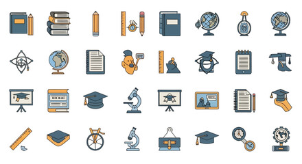 Collection of education icons featuring books, graduation caps, globes, microscopes, rulers, pencils, and a worm wearing a graduation cap.
