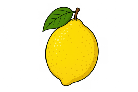 Ripe yellow lemon with verdant leaf, cartoon-style rendering against crisp transparent backdrop, emphasizing citrus freshness