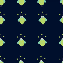 Seamless pattern with cute cartoon bug with antlers and wings. Whimsical and colorful insect character with stars. Perfect for kids’ designs, fabric prints, wallpapers