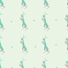 Seamless pattern with cute cartoon bug with antlers and wings. Whimsical and colorful insect character with stars. Perfect for kids’ designs, fabric prints, wallpapers