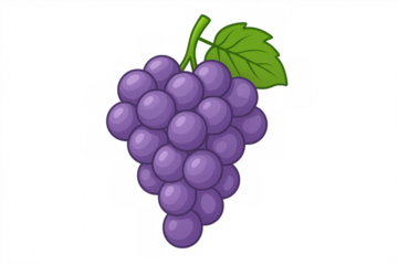 Purple grape cluster dangling from verdant stem with leaf, rendered in cartoon style against transparent backdrop