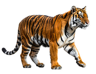 Obraz premium Tiger in Mid-Walk Pose, Side Profile with Raised Paw, Transparent Background PNG