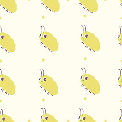Seamless pattern with cute cartoon bug with antlers and wings. Whimsical and colorful insect character with stars. Perfect for kids’ designs, fabric prints, wallpapers