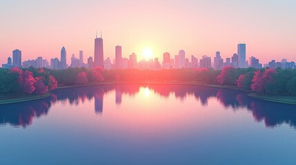 Fototapeta premium Sunrise Cityscape: Lake, Skyline, Trees