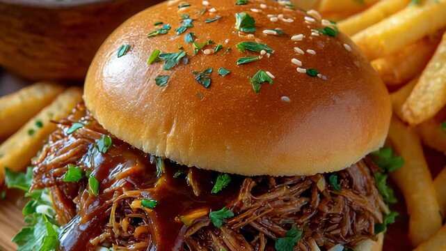 Pulled pork sandwich with fries