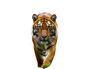 Sumatran Tiger Stalking Forward in Rainforest Underbrush, Direct Eye Contact with Camera