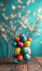 Many colorful Easter eggs in large glass vase on wooden table with bright background