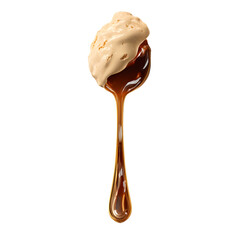 Spoon filled with creamy ice cream and dripping caramel sauce, capturing a moment of sweet indulgence