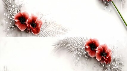 Floral arrangement of red flowers and grey palm leaves on a white background - Powered by Adobe