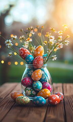 Many colorful Easter eggs in large glass vase on wooden table with bright background