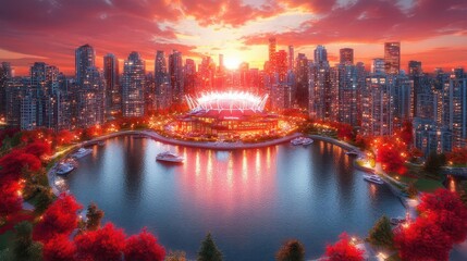 Fototapeta premium Cityscape Sunset Stadium Autumn