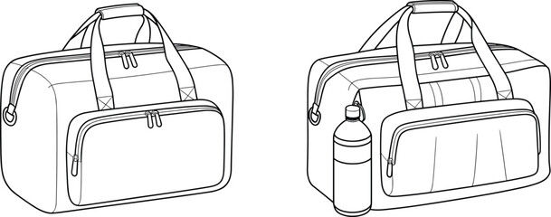Line art duffle bag illustration, flat vector CAD drawing, gym and travel bag with front pocket, zipper, handle, bottle holder