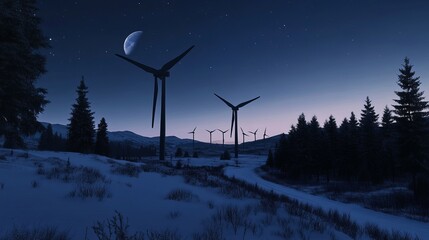 A crescent moon illuminates a snowy landscape at night, where several wind turbines stand tall amongst the evergreen trees