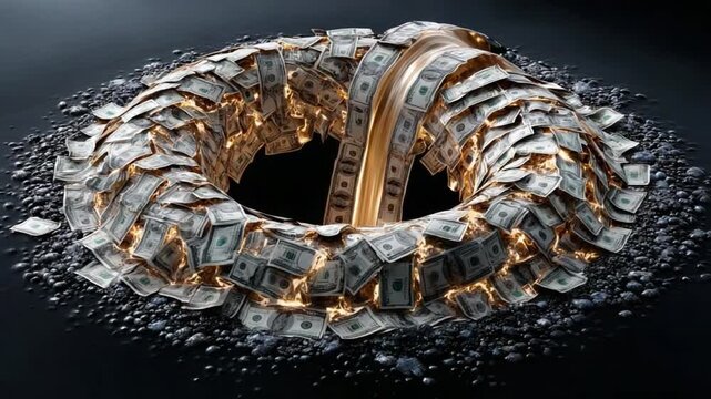 Money Vortex: A visual representation of financial concept. a swirl of hundred dollar bill creating vortex on a black background,  symbolizing debt, wealth, investment and financial loss.