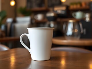 Mug mockup on table with warm lighting and steam effect