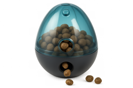 Gray pet treat dispenser releasing kibble, enhancing feeding experience against clean white backdrop