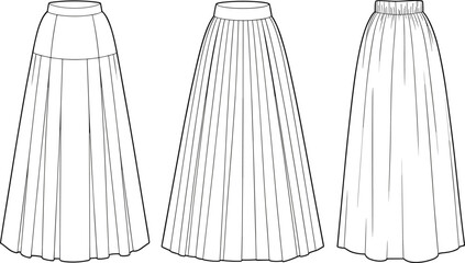 CAD fashion illustration of three long skirts with pleats and gathers, flat vector design for clothing and apparel templates