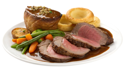 A plate of roast beef with yorkshire puddings and veg