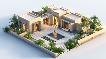 Fototapeta premium Modern courtyard house with lush greenery and water features