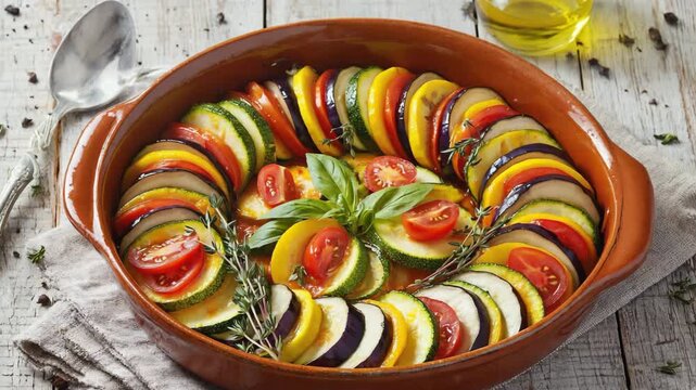 Delicious, Ratatouille served in a ceramic dish with fresh herbs, Bright natural light, Colorful vegetables in vibrant patterns, Light and comforting vibe
