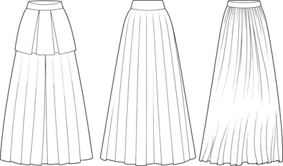 Flat vector illustration of long pleated skirt designs, CAD fashion drawing template, maxi skirt technical sketch for clothing design