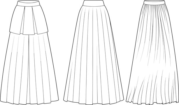 Flat vector illustration of long pleated skirt designs, CAD fashion drawing template, maxi skirt technical sketch for clothing design