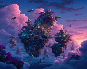 Floating City In Pink Clouds At Sunset