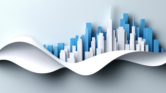 Abstract city skyline, paper cut waves, architectural design, modern background