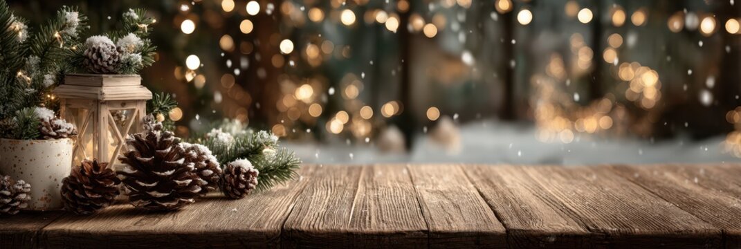 Winter holiday decor with snow, pinecones, and glowing lights creating a cozy atmosphere in a rustic setting