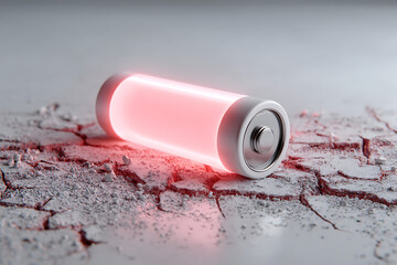 Drained Cracked and Glowing Red Battery Lying on Dry Ground Representing Low Power and Technology Failure