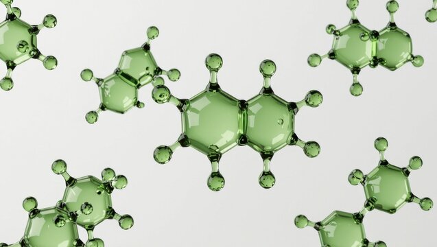 Clear greenish clusters of squalane molecules float against a minimalist white background, showcasing a scientific aesthetic perfect for lifestyle and beauty themes.