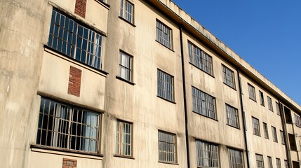 Fototapeta premium A low-angle view of a weathered, multi-story building with numerous rectangular windows and subtle brick detailing against a clear blue sky