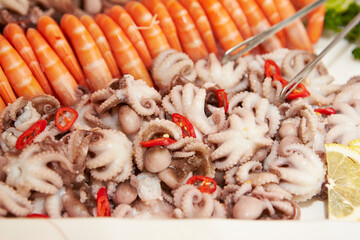 Boiled shrimp and webfoot octopus