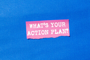 What is your action plan message written on ripped torn pink paper on blue background. Conceptual what is your action plan symbol. Copy space.