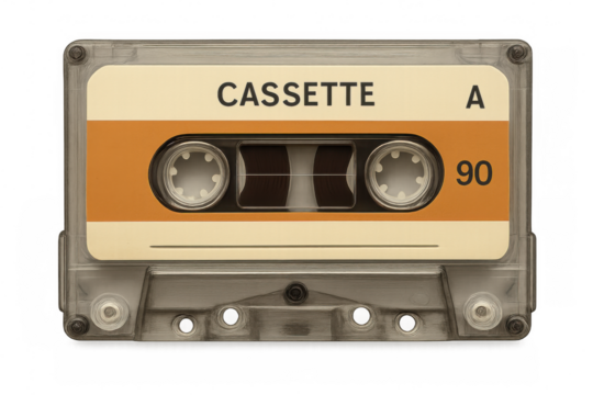 Close-up of a vintage audio cassette tape, evoking nostalgia for the golden age of mixtapes and portable music