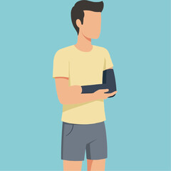 Young man wdearing a protective arm brace standing confidently in vector style  